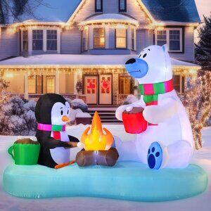 ⚡6 FT Christmas Inflatable‎ Fire Bear and Penguin with Campfire Decoration